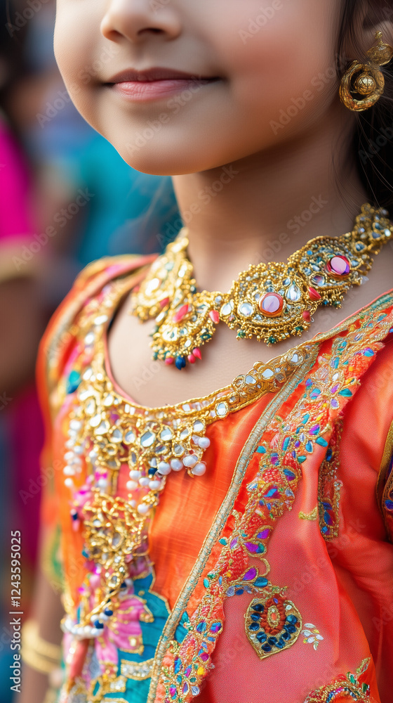 Close-up of a young girl wearing vibrant traditional Indian attire with intricate embroidery and sparkling gold jewelry, symbolizing the richness of cultural heritage and festive celebrations. Close-up of a young girl wearing vibrant traditional Indian attire with intricate embroidery and sparkling gold jewelry, symbolizing the richness of cultural heritage and festive celebrations.