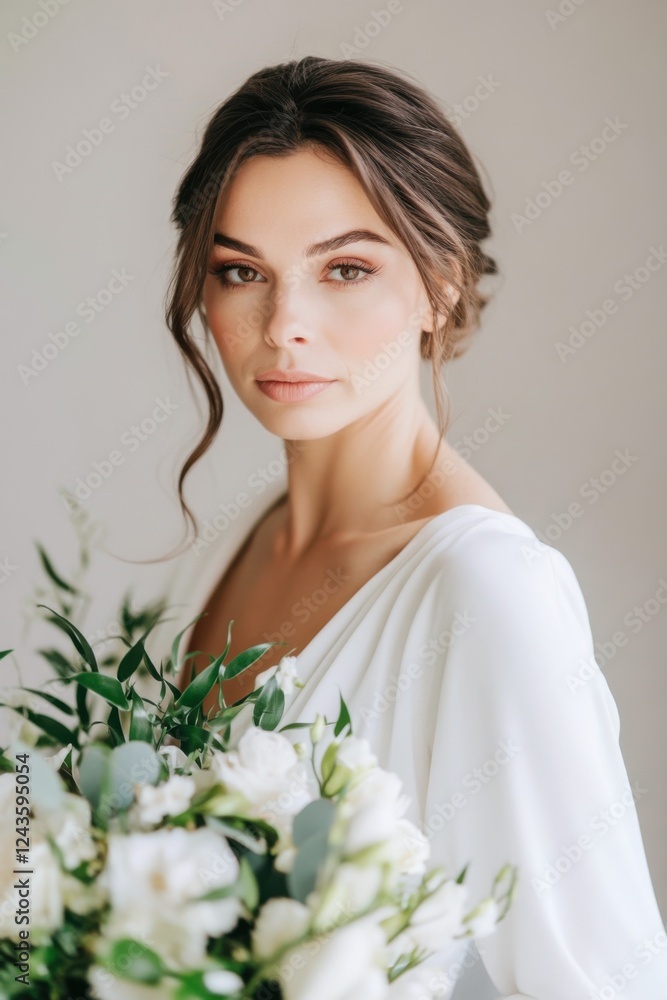elegant winter wedding bouquet with amaryllis, ranunculus, and evergreen branches in neutral tones of white, beige, and moss green with a minimalist modern design elegant winter wedding bouquet with amaryllis, ranunculus, and evergreen branches in neutral tones of white, beige, and moss green with a minimalist modern design