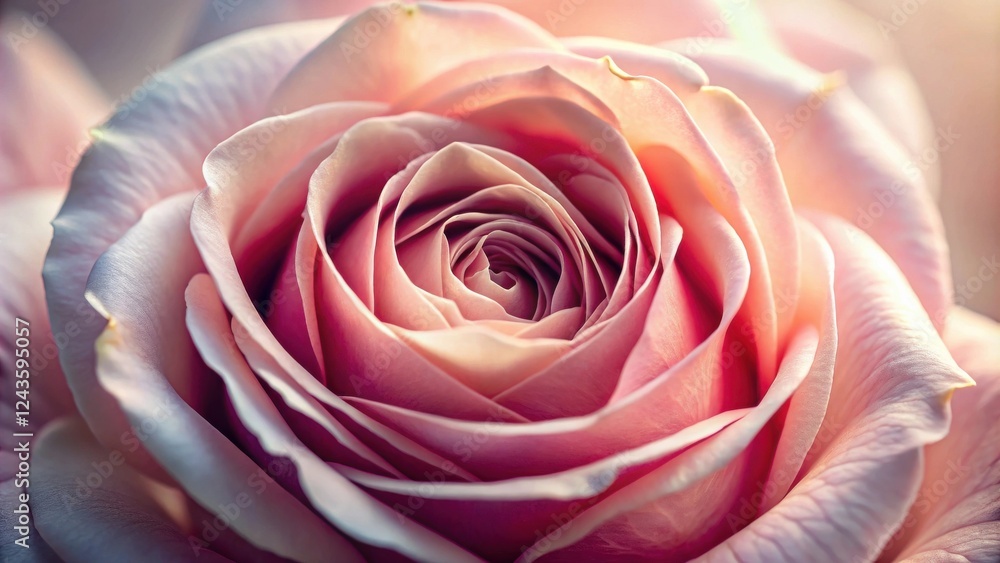 A Close-Up View of a Delicate Pink Rose, Showing Intricate Petals and Soft Hues A Close-Up View of a Delicate Pink Rose, Showing Intricate Petals and Soft Hues