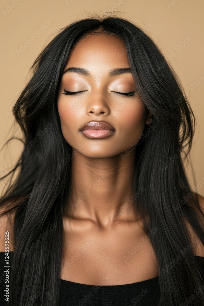 Fototapeta premium beautiful african american woman with long black hair wig and chic style in studio photography with neutral beige background and soft lighting