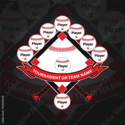 Baseball tournament logo template highlighting players name.