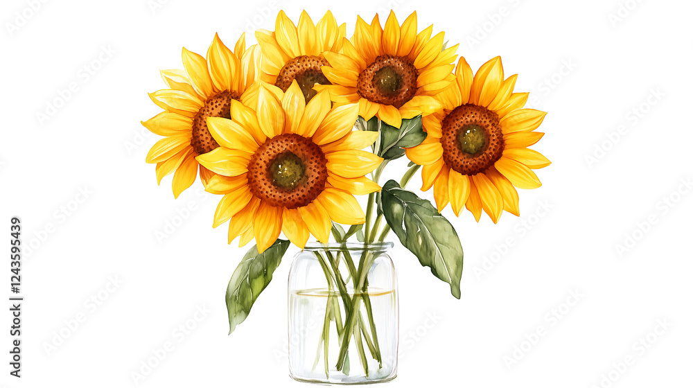Naklejka premium vibrant sunflowers in a glass jar. A cheerful bunch of sunflowers arranged in a clear glass jar, perfect for adding a touch of summer to your home