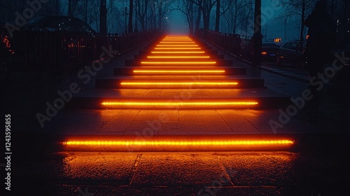 A staircase with the next step illuminated, embodying the concept of success, the pursuit of goals, and taking one step at a time toward achieving greater accomplishments.