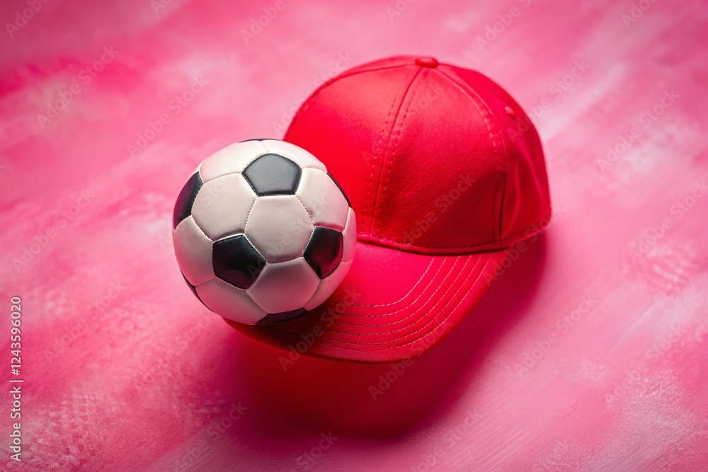 Fototapeta premium Playful Baseball Cap on Soccer Ball - Pink Background Drone Shot