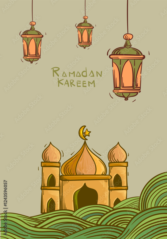 Obraz premium Ramadan Kareem or Eid Mubarak Islamic icon with mosque, lantern, lamp, cressent moon vector illustration background vector design.