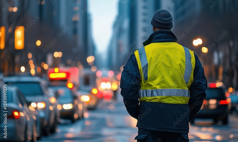 Security guard directing traffic working on street Security guard directing traffic working on street