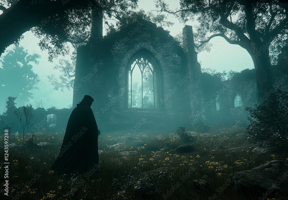 Silhouette of a figure in a misty field, before the ruins of a stone church. Dark, moody atmosphere