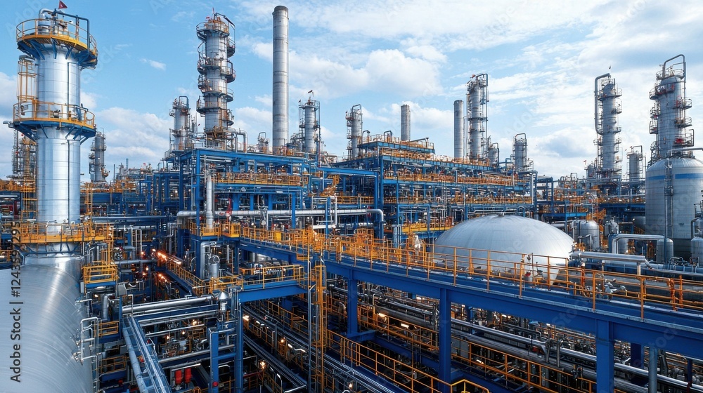 Aerial image of a chemical plant with large storage tanks, extensive pipes, and production facilities. The shot emphasizes the vast scale of the industrial site. Aerial image of a chemical plant with large storage tanks, extensive pipes, and production facilities. The shot emphasizes the vast scale of the industrial site.