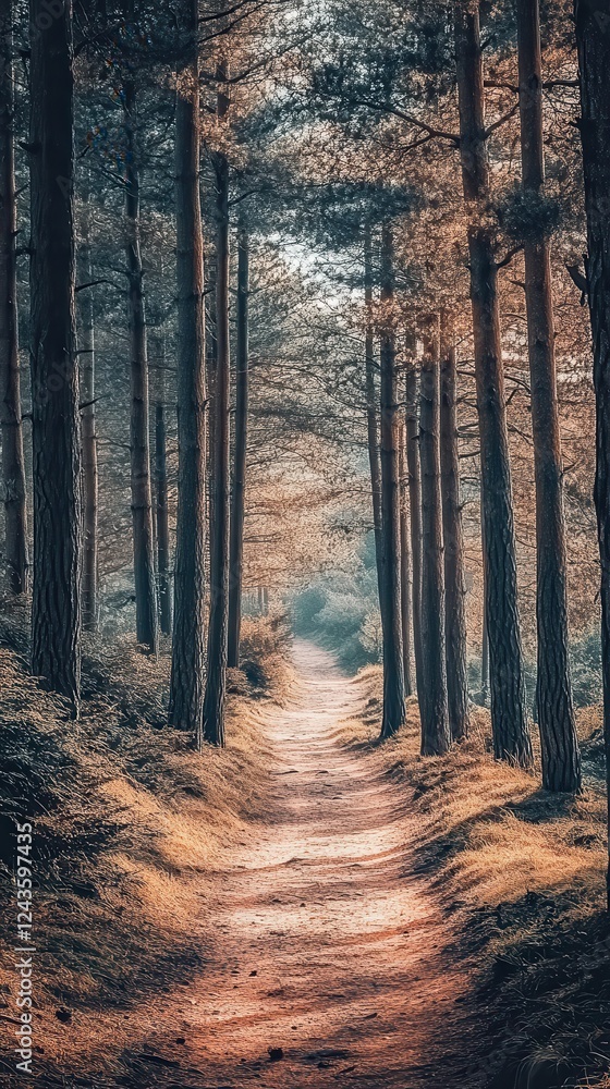 Obraz premium Narrow hiking trail winding through tall trees in a peaceful forest during golden hour