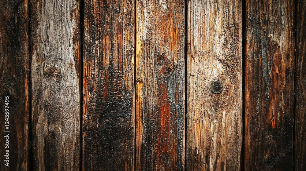 A weathered wooden surface covered in dark stains and scratches, ideal for rustic themes A weathered wooden surface covered in dark stains and scratches, ideal for rustic themes