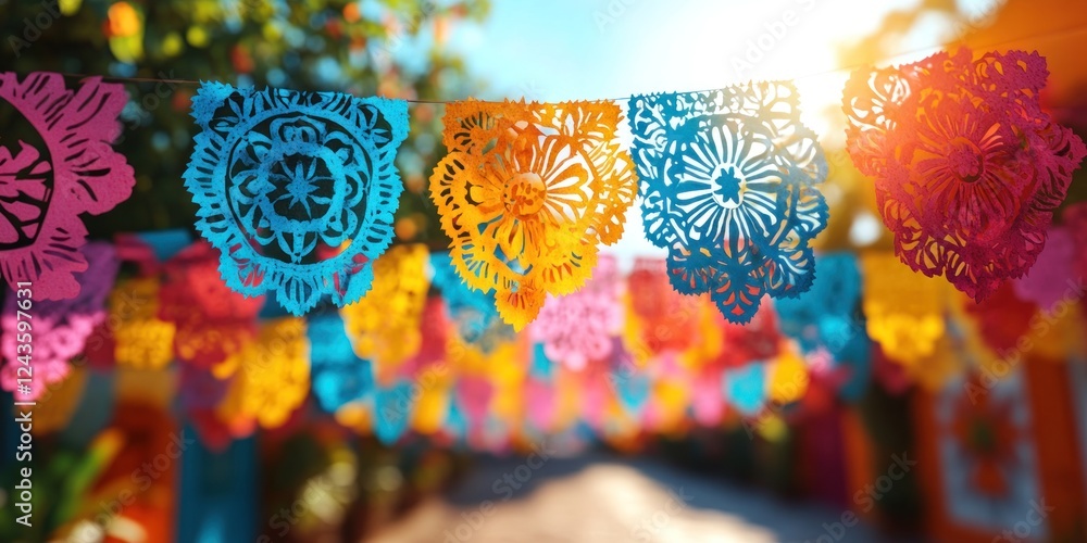 Fototapeta premium Vibrant Papel Picado Banner in Sunny Mexican Street