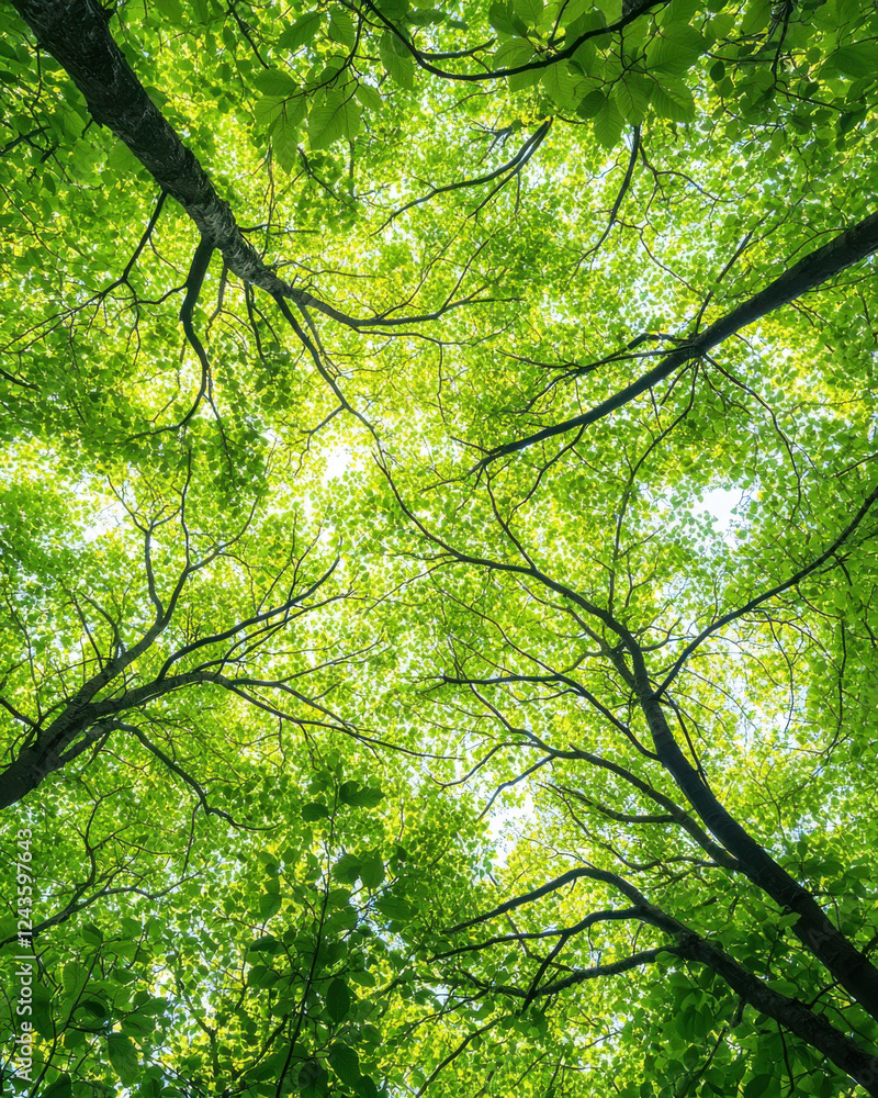 Fototapeta premium Lush green tree canopy with sunlight filtering through leaves