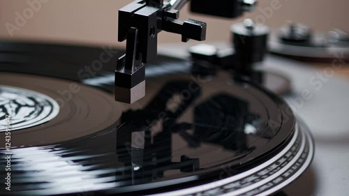 Wallpaper Mural Vintage turntable needle hovering above spinning vinyl record, capturing analog music listening experience with intricate close up detail Torontodigital.ca