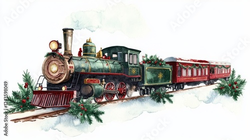 Vintage Christmas Train Watercolor Illustration photo