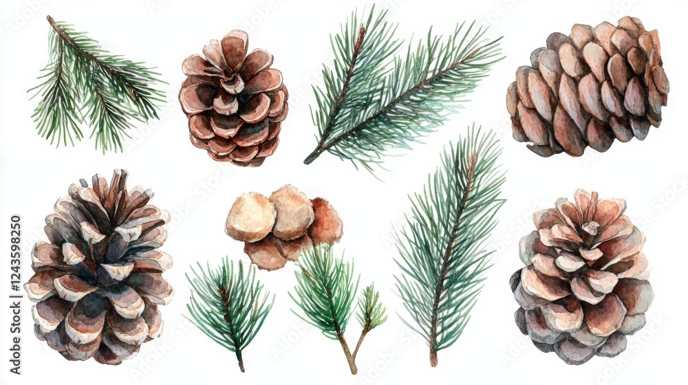 Fototapeta premium Watercolor Pine Cones and Branches - Festive Botanical Illustration