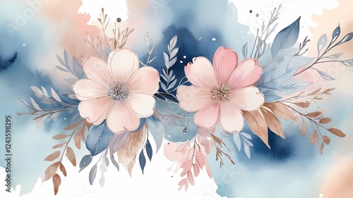 Wallpaper Mural Watercolor art background vector. Wallpaper design with winter flower paint brush line art. Earth tone blue, pink, ivory, beige watercolor Illustration for prints, wall art, cover and invitation. Torontodigital.ca