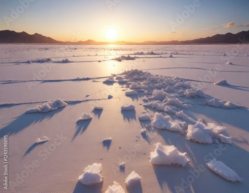 White salt crystals scattered on the beach of Jan Thiel salt flats at sunrise, crystals, salt flats photo