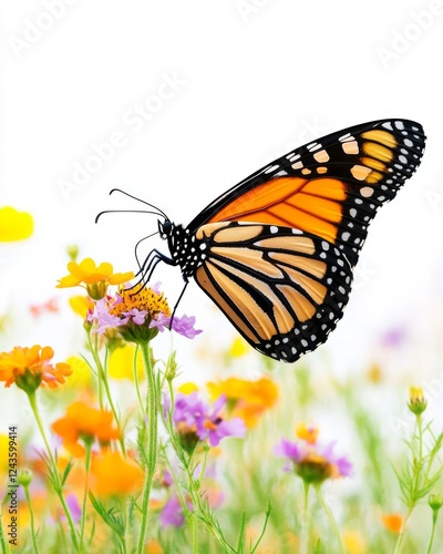 A vibrant monarch butterfly gracefully rests on blooming flowers. This image showcases the beauty of nature and the delicate balance of ecosystems. Generative AI