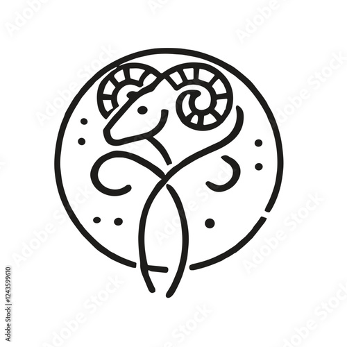 Minimalistic black-and-white line art icon of zodiac sign Aries, clean vector style with circular design