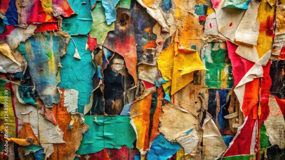 Abstract Layered Texture of Torn and Weathered Posters with Vivid Colors Abstract Layered Texture of Torn and Weathered Posters with Vivid Colors