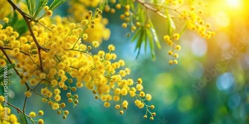 Vibrant yellow flowers of Australian Golden Wattle in full bloom against a soft green background with delicate blue-green foliage and intricate branches, spring, landscape
