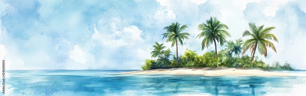 Fototapeta premium Lush tropical island with palm trees and clear blue waters under a bright sky