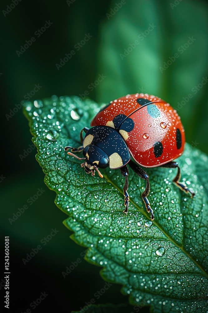 Obraz premium Ladybug on Dew Covered Green Leaf
