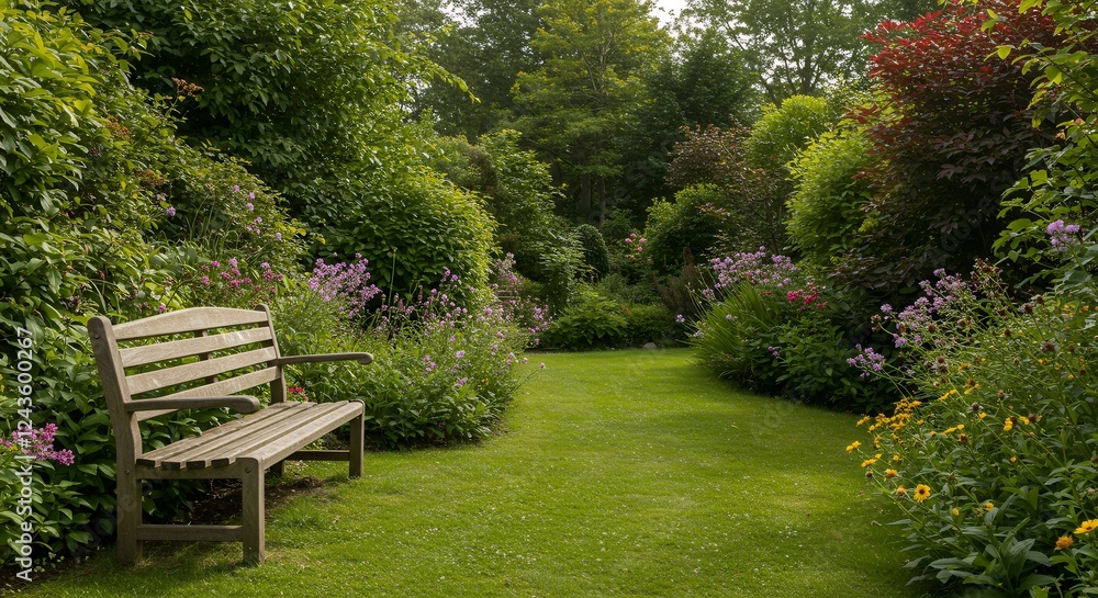 Wooden bench in a garden with purple flowers, lawn, plants, shrubs and trees. Wooden bench in a garden with purple flowers, lawn, plants, shrubs and trees.