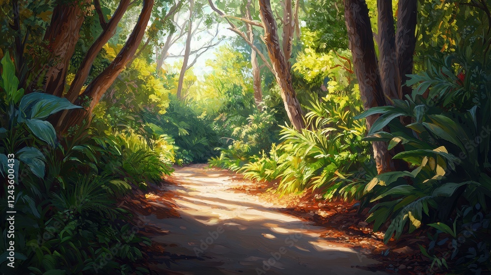 Lush Forest Pathway Surrounded by Vibrant Greenery and Sunlight Lush Forest Pathway Surrounded by Vibrant Greenery and Sunlight