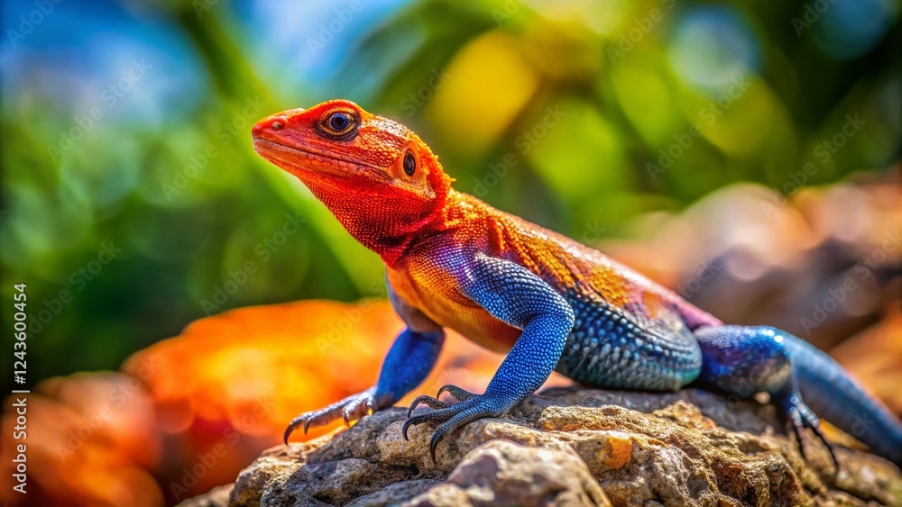 Fototapeta premium Red Headed Rock Agama Lizard, Watamu, Kenya - Miniature Tilt-Shift Photography