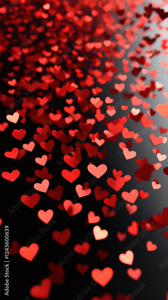 A dynamic scene of red hearts falling against a dark background, creating a romantic and festive atmosphere perfect for Valentine's Day.  
