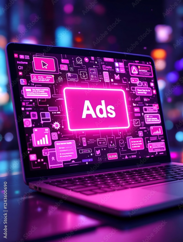 Fototapeta premium Laptop Screen Displaying Ads and Marketing Interface