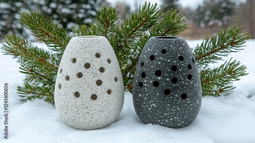 Organic minimal showcase featuring a gray and white stone podium, pine branches, on a calming white and mint green background, with a clean design and enough space for your brand message.