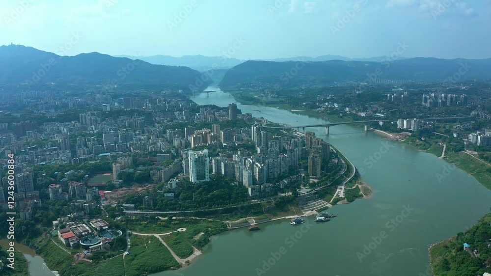 4k aerial video showcasing urban landscape and river confluence in scenic city during sunny afternoon 4k aerial video showcasing urban landscape and river confluence in scenic city during sunny afternoon