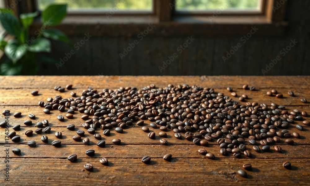 Obraz premium Wooden table with scattered coffee beans on surface, table top, morning atmosphere, coffee beans