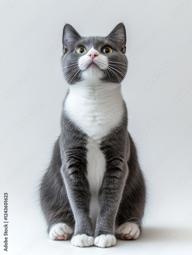 Obraz premium Adorable Gray Cat with White Chest Sitting Upright Against a Light Background, Capturing the Essence of a Curious and Playful Feline Companion