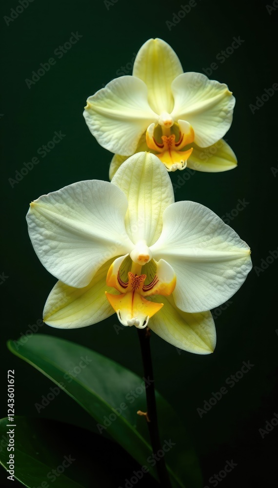Yellow splashes dance on pure white orchid petals against dark green leaves, flowers, colors, dark Yellow splashes dance on pure white orchid petals against dark green leaves, flowers, colors, dark
