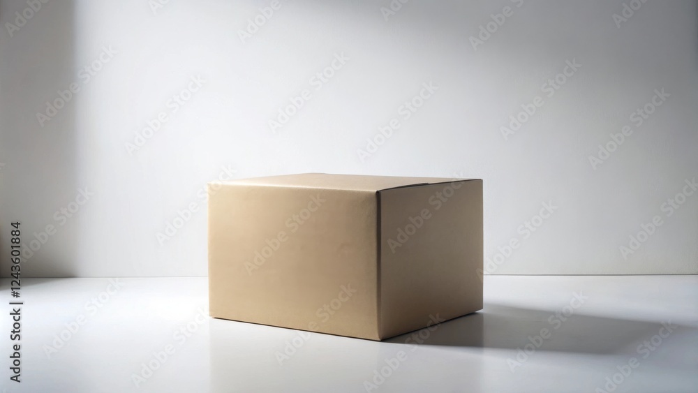 A simple brown cardboard box sits on a white surface against a white background A simple brown cardboard box sits on a white surface against a white background