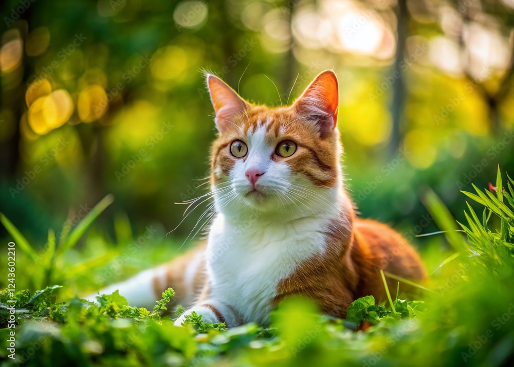 Fototapeta premium Relaxed Red & White Stray Cat in Green Park, Homeless Animal, City Kitty, Feeding a Feline