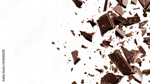 Scattered dark chocolate chunks and shavings on a clean white background, perfect for dessert visuals, baking themes, or confectionery concepts