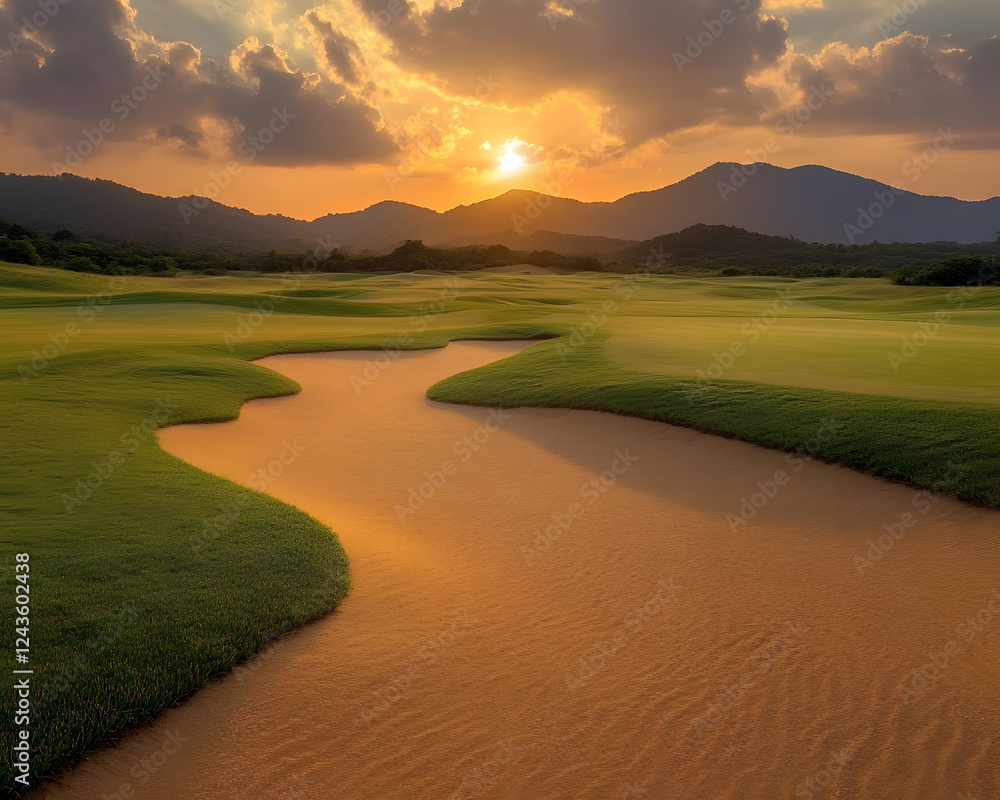 Fototapeta premium serene landscape featuring rolling hills, winding river, and sunset