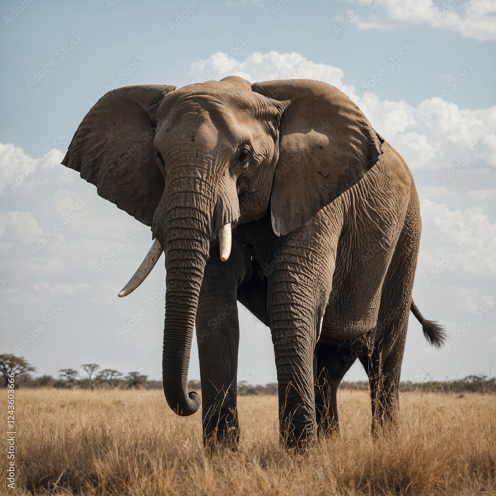 Fototapeta premium A towering African elephant, its trunk slightly raised, against a plain white setting.