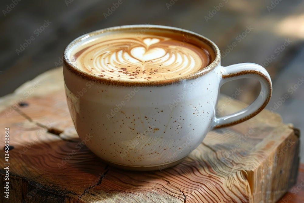Aromatic cappuccino with latte art design sits on a rustic wooden block, creating a cozy and inviting cafe atmosphere Aromatic cappuccino with latte art design sits on a rustic wooden block, creating a cozy and inviting cafe atmosphere