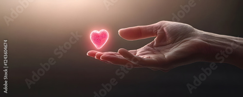hand holding glowing heart symbol, representing love and care