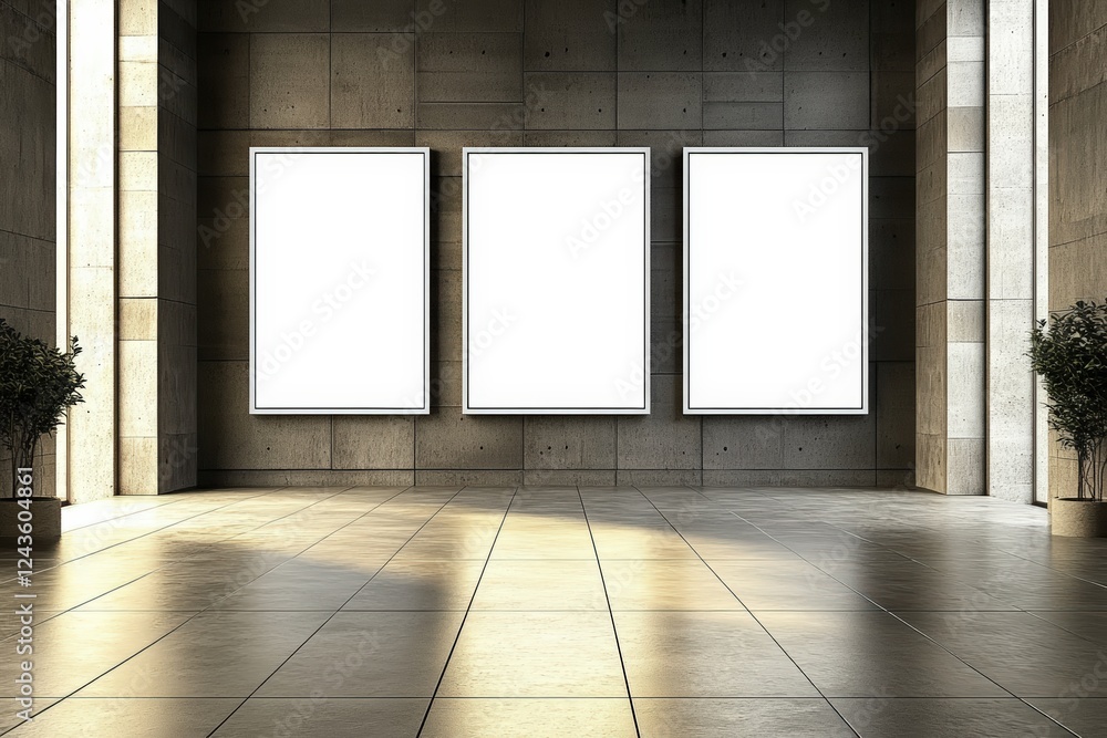 Trio of Empty White Canvas Frames in a Contemporary Gallery Space with Modern Architecture and Plants in the Interior Design Trio of Empty White Canvas Frames in a Contemporary Gallery Space with Modern Architecture and Plants in the Interior Design