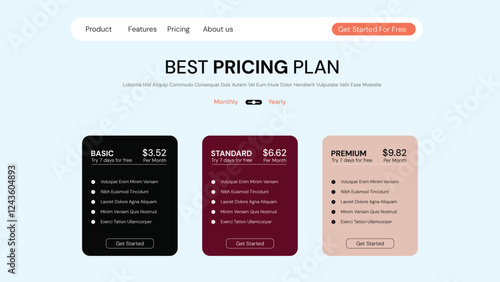 Modern pricing table design with Three colorful subscription plans. Flat infographic design template for website or presentation