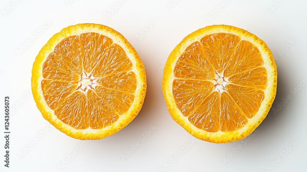 Fototapeta premium wet orange juice, slices in 2, very juicy, on white background Generative Ai
