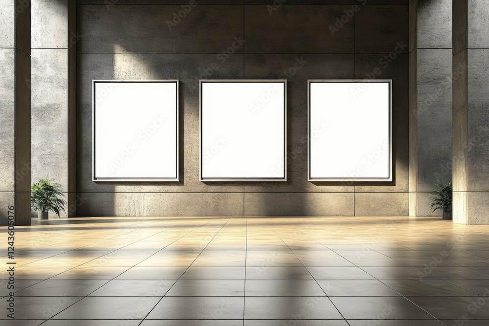 Fototapeta premium Modern Gallery Interior Featuring Three White Canvas Frames in Contemporary Setting with Natural Light and Minimalist Design