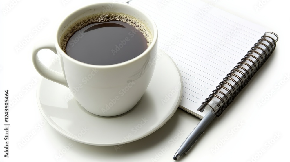 A steaming cup of black coffee beside a blank notepad and pen on a clean white surface A steaming cup of black coffee beside a blank notepad and pen on a clean white surface
