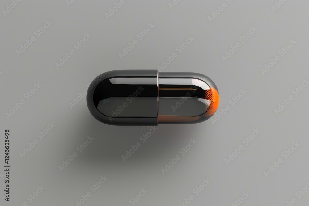 Shiny black and orange futuristic pill resting on a gray background, representing advanced medicine and healthcare technology